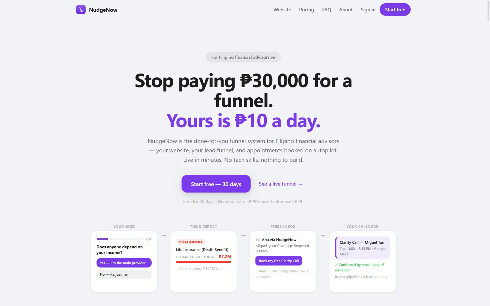 NudgeNow dashboard showing today's follow-ups for a financial advisor